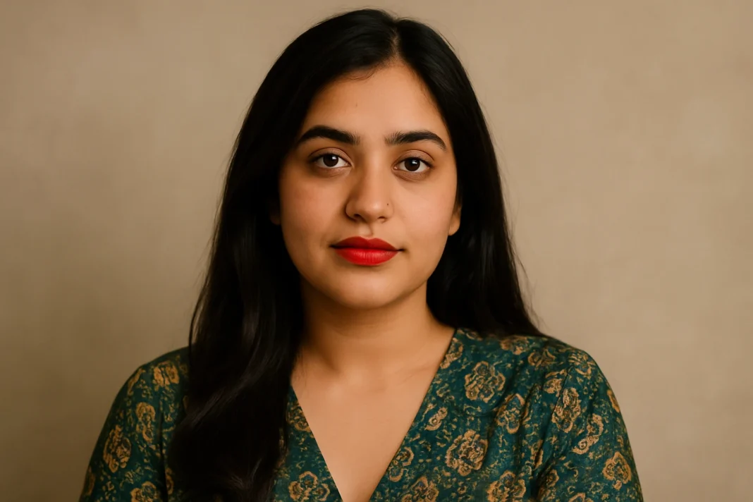 Apoorva Mukhija looks directly at the camera in a beige background portrait, wearing a black crop top and blazer.