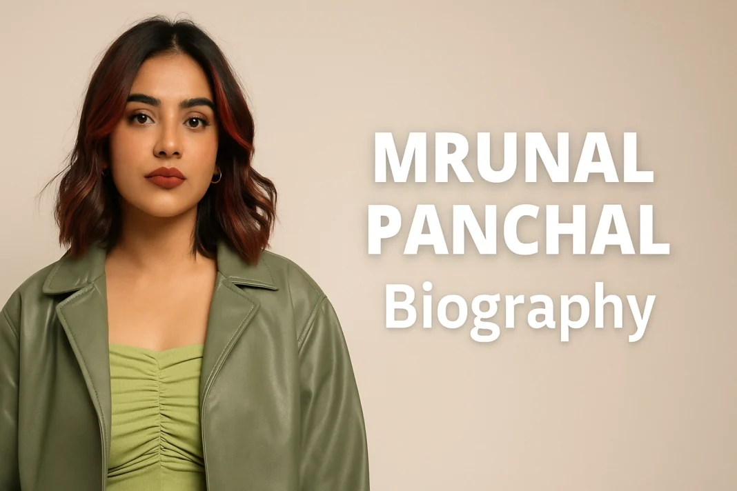 Mrunal Panchal wearing a green jacket and lime top, standing against a beige background with “Mrunal Panchal Biography” text on the side.