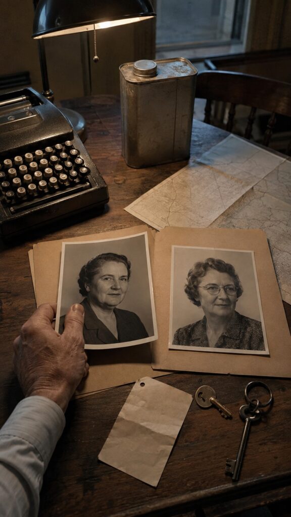 Historical editorial recreation of a detective’s desk with two women’s portraits and evidence from the Ed Gein investigation.