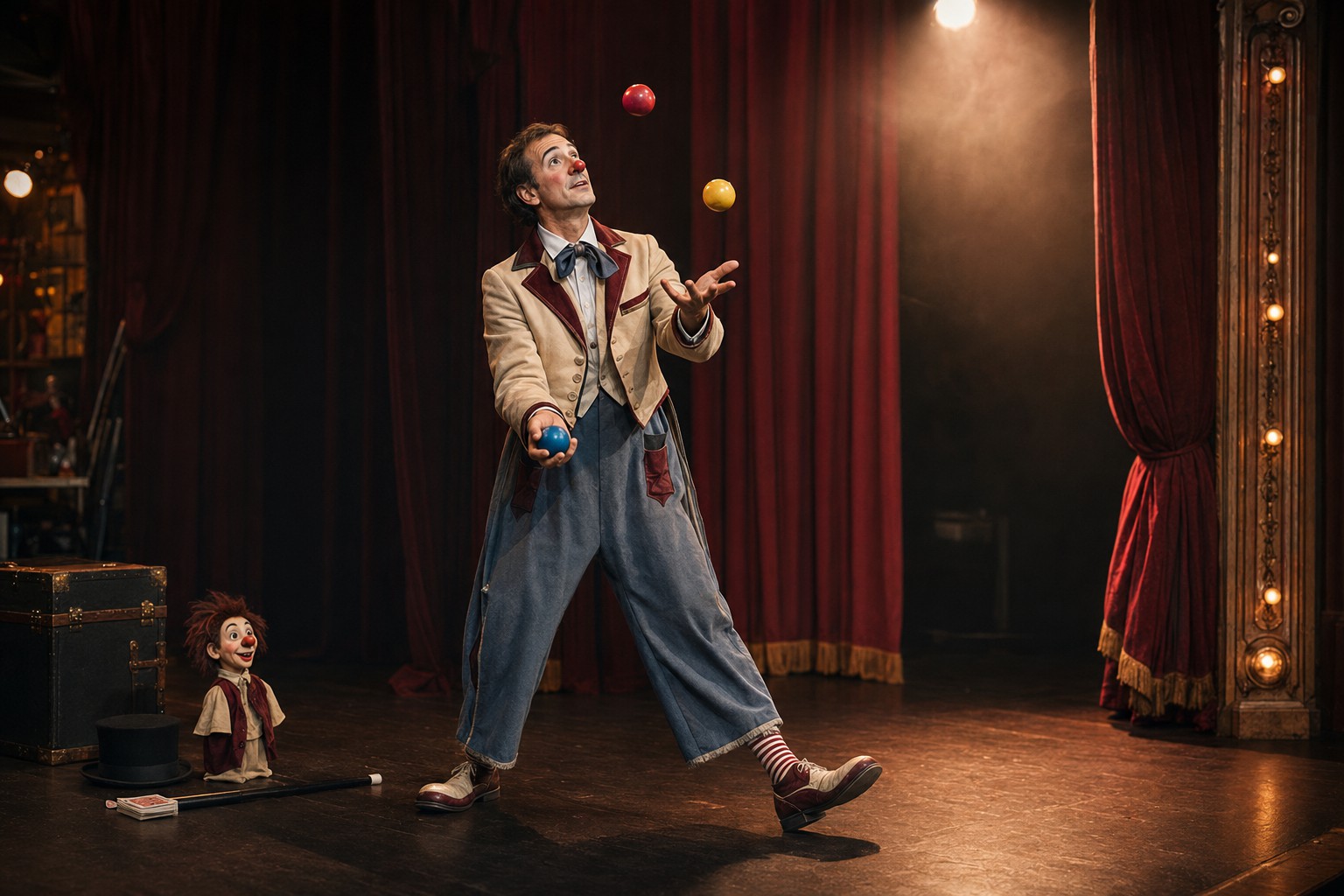 Professional clown in light makeup and vintage costume juggling three balls on a theatre stage.